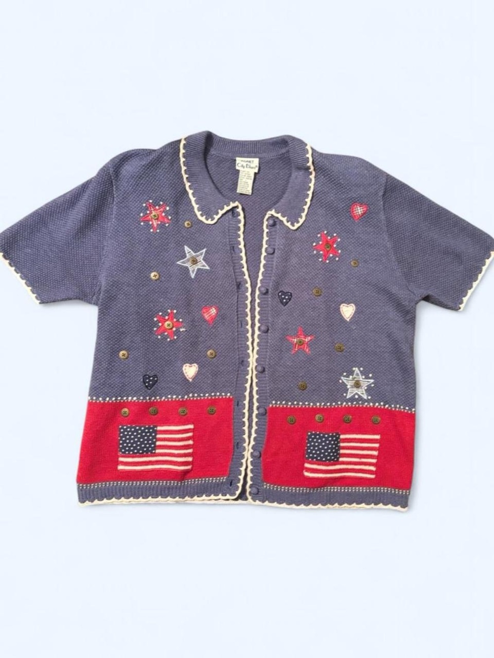 Patriotic Star Embroidered Knit Cardigan - 90s Vibes Sz L
